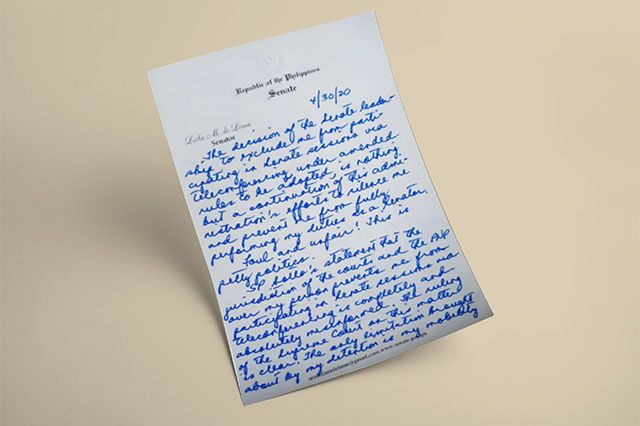 Senator De Lima's Handwritten Note Requesting the Right to Participate in Legislative Proceedings while Incarcerated