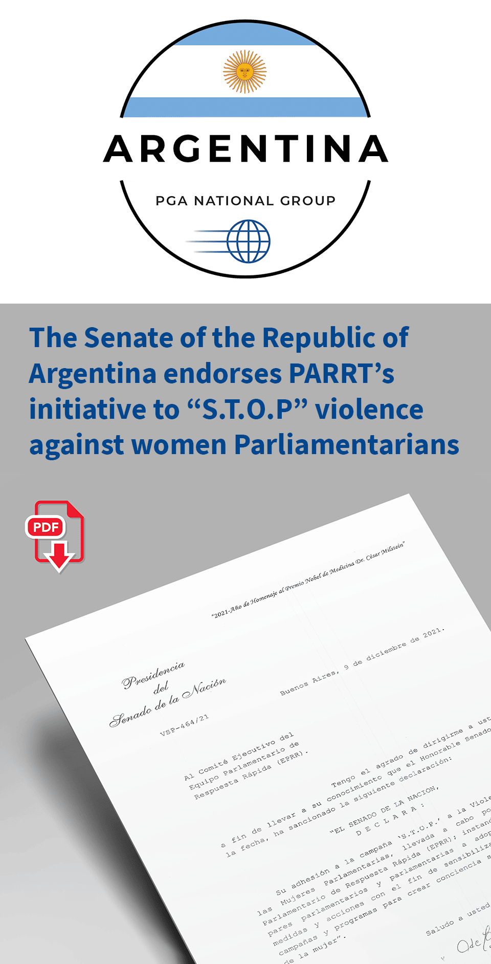 The Senate of the Republic of Argentina endorses PARRT’s initiative to “S.T.O.P” violence against women Parliamentarians