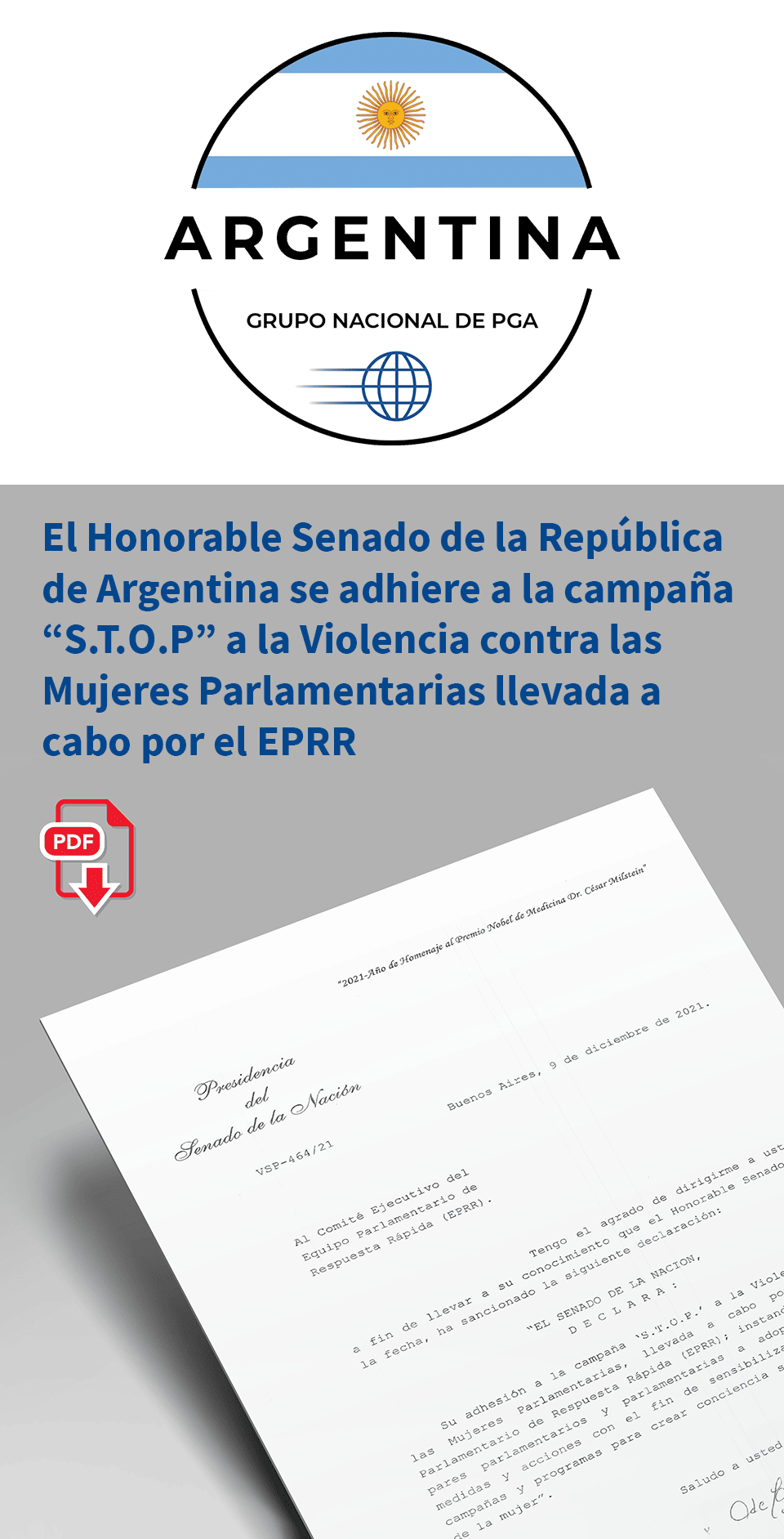 El Honorable Senado de la República de Argentina se adhiere a la campaña “S.T.O.P” a la Violencia contra las Mujeres Parlamentarias llevada a cabo por el EPRR