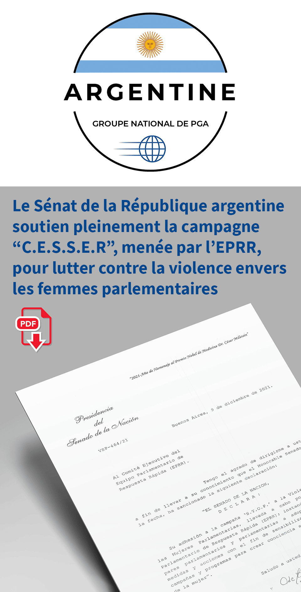 Le Sénat de la République argentine soutien pleinement la campagne “C.E.S.S.E.R”, menée par l’EPRR, pour lutter contre la violence envers les femmes parlementaires