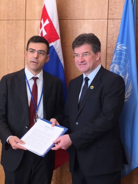 PGA Secretary-General, David Donat Cattin, presents the Milan Plan of Action to the President of the UN General Assembly, H.E. Mr. Miroslav Lajčák of Slovakia
