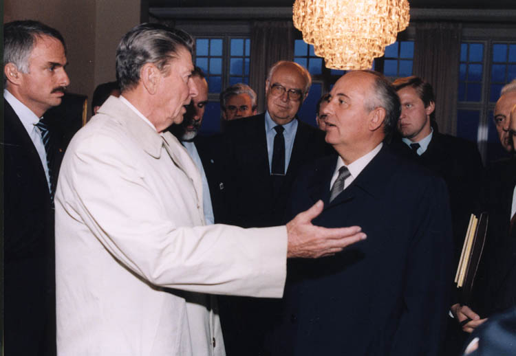 President Reagan says goodbye to Soviet General Secretary Gorbachev after the last meeting at Hofdi House, Reykjavik, Iceland.