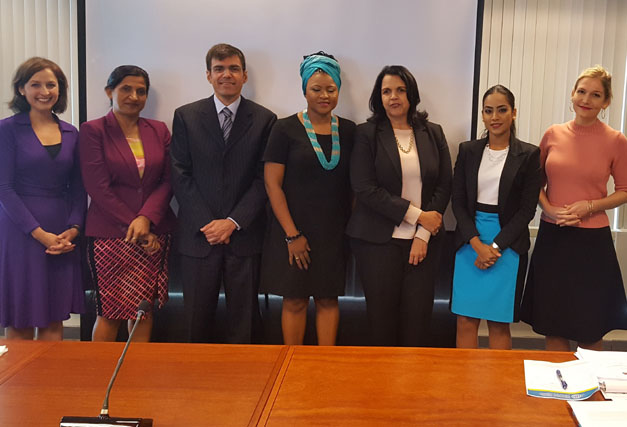 From left to right: Mónica Adame, Mrs. Vidia Gayadeen-Gopeensing, MP, David Donat Cattin, Dr. Nyan Gadsby-Dolly, MP (Chairwoman), Dip. Minou Tavarez, Sen. Sarah Budhu, and Sen. Jennifer Raffoul.