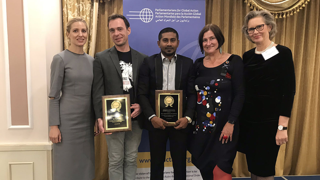 Svitlana Zalishchuk, MP (Ukraine) & PGA member; Yevgen Chernykov on behalf of DDA recipient Oleg Sentsov (Ukraine); Ahmed Mahloof,  MP (Maldives), PGA member & DDA recipient; Margareta Cederfelt,  MP (Sweden) and President of PGA; Petra Bayr, MP (Austria)