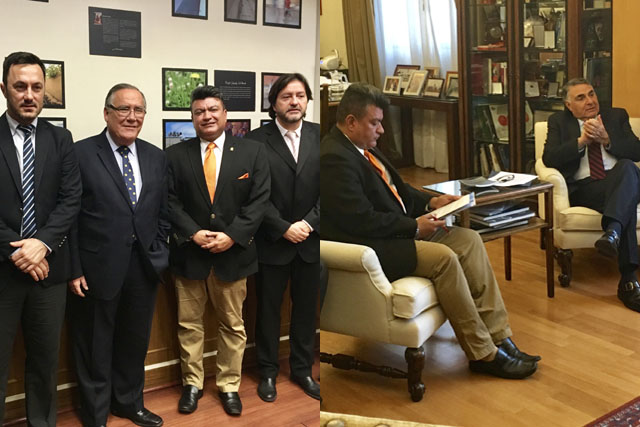 (Left) Dip. Luis Petri (Argentina), Minister of Justice Jaime Campos, Dip. Ronny Monge and Dip. Tucapel Jimenez (Chile) / (Right) Dip. Ronny Monge (Costa Rica) with Under-Secretary of Foreign Affairs, Mr. Edgardo Riveros 