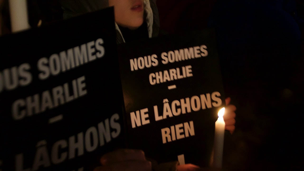 People gather at Place de la Republique in support of victims of the terrorist attack on Jan. 7, 2015 in Paris, France. 