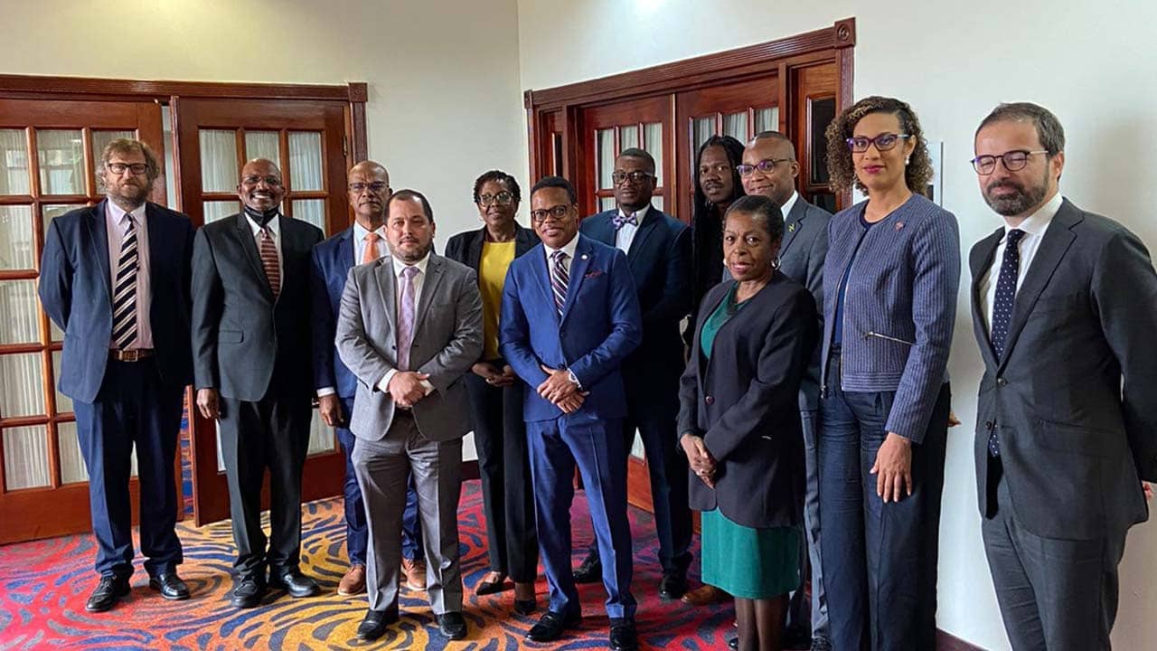 From left to right: Mr. Peter Barcroft, Senior Director PGA IPSP, Sen. Wade Mark, MP, Trinidad & Tobago, Sen. Peter Bunting, MP, Jamaica, Sen. Damian Lyder, MP, Trinidad & Tobago , Hon. Dr. Angela Brown Burke, MP, Jamaica, Dr. Amery Browne, Minister of Foreign and CARICOM Affairs of Trinidad & Tobago, Hon. Heroy Clarke, MP, Jamaica, Sen. Damion Crawford, MP, Jamaica, Hon. Morland Wilson, MP, Jamaica, Sen. Maureen Hyman, MP, Antigua & Barbuda, Hon. Khadijah Ameen, MP, Trinidad & Tobago, Mr. Sanjin Soldatic Deputy Head of Delegation of the EU in Trinidad & Tobago