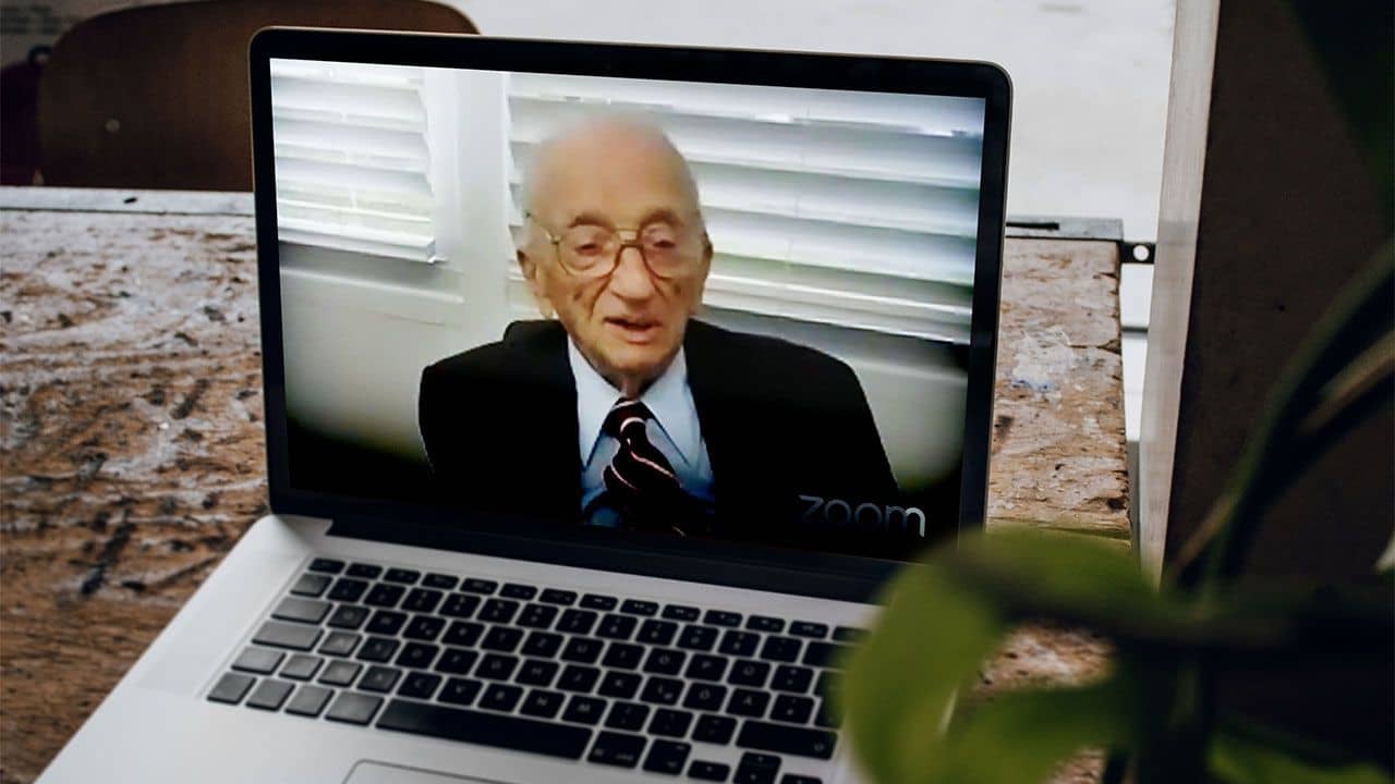 Nuremberg Prosecutor Ben Ferencz, 100 years' old, addressing the 17 July 2020 event on International Justice Day hosted by PGA UN Committee Chair Ambassador Christian Wenaweser (Liechtenstein).