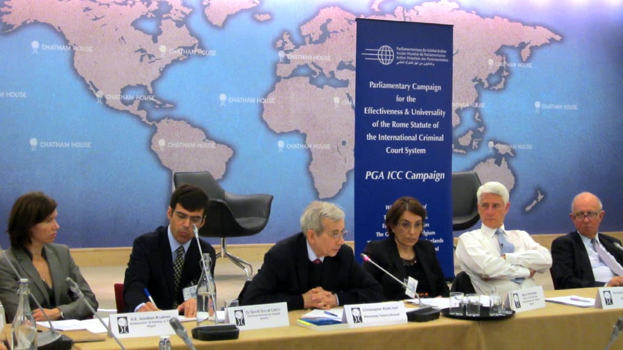 Left to right: David Donat Cattin (PGA), Chris Hall (AI), Mona Rishmawi (OHCHR), Kennedy Graham, MP (New Zealand, Green party, PGA member), and Sir David Hannay (UK House of Lords) in London, March 2012.