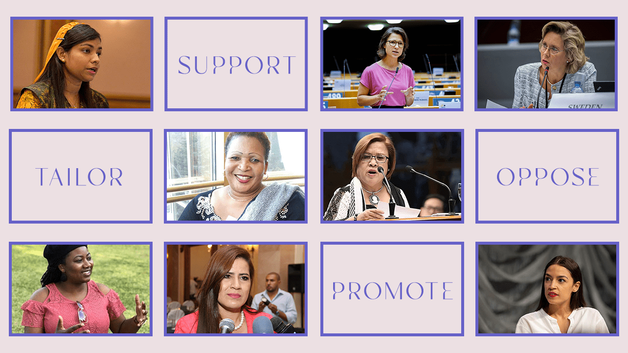 Top row: Rozaina Adam, MP (Maldives); Dr. Hannah Neumann, MEP (Germany) Photo: European Parliament/Daina Le Lardic; Margareta Cederfelt, MP (Sweden); 2nd row: Hon. Dorcas Sibanda, MP (Zimbabwe); Senator Leila de Lima (Philippines); Bottom row: Joana Mamombe, MP (Zimbabwe); Dip. Karina Sosa (El Salvador); Rep. Alexandria Ocasio-Cortez (United States) Photo: Ståle Grut/NRKbeta;