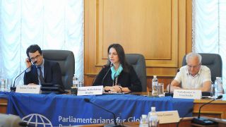 Prof. Alex Whiting (Harvard Law School), Ms. Hanna Hopko, Chair of the Foreign Affairs Committee, PGA Member and Justice Vasylenko