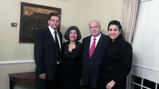 Reception offered by the Uruguayan Mission to the OAS for Dip. Felipe Michelini (PGA, Uruguay) with Hos Amb. Maria Lujan (OEA, Uruguay), Amb. Insulza, Secretary General, OAS, and Deborah Ruiz Verduzco (PGA, International Law and Human Rights Program)