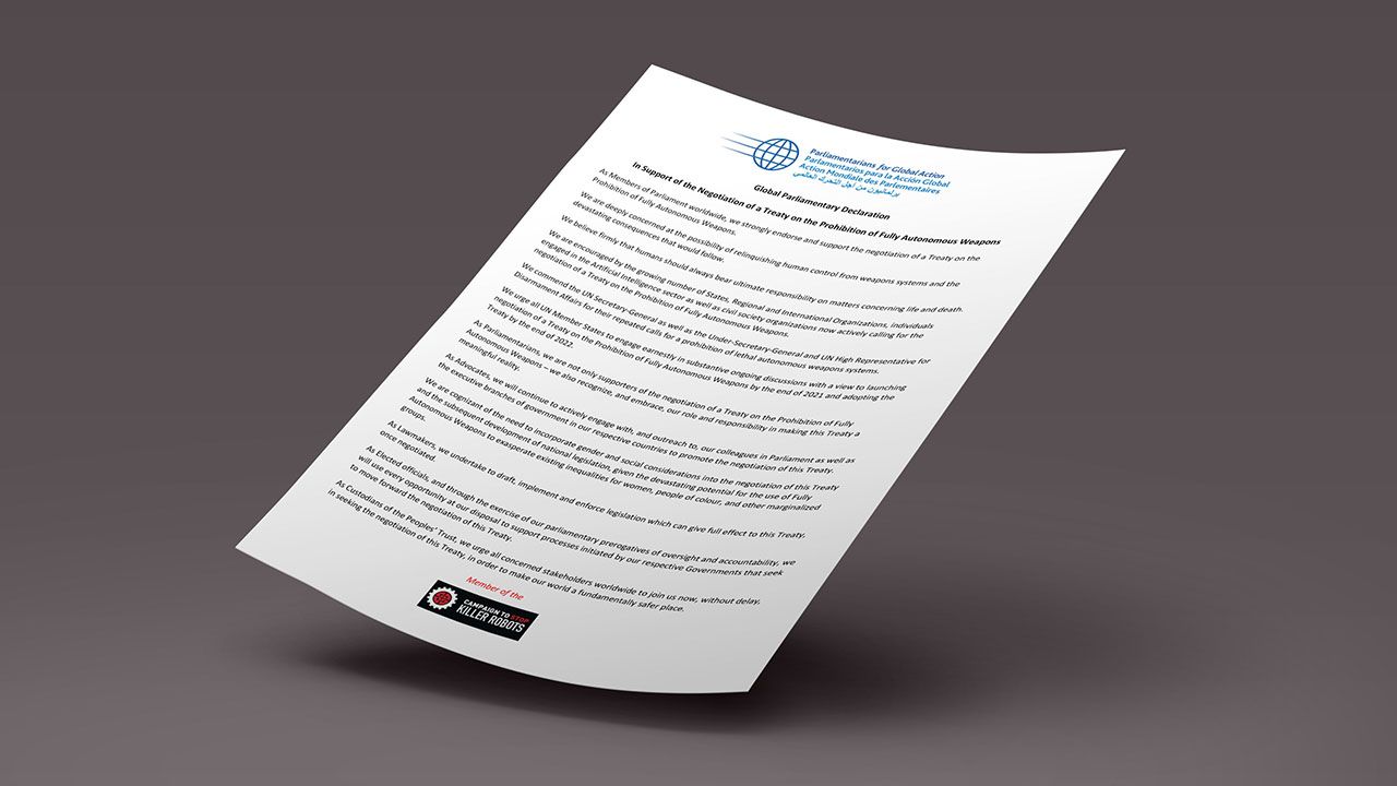 PGA's Global Parliamentary Declaration In Support of the Negotiation of a Treaty on the Prohibition of Fully Autonomous Weapons