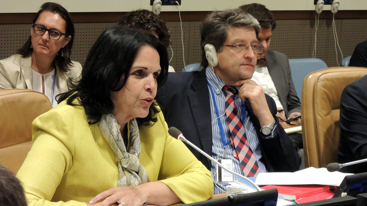 Ms. Minou Tavarez Mirabal, with Dr. Felipe Michelini, addressing the PGA side-event to the IPU-UN Conference of Speakers of Parliaments on 1 September 2015 on "The Role of Parliaments in Criminalizing Illegal and Aggressive War-Making”