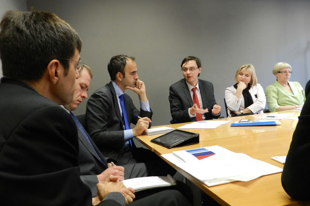 From Left to Right: Dr. David Donat Cattin, Mr. Christian Nygard Nissen, Mr. Nicos Argyrides, representative from the Ukrainian Embassy translating, Mrs. Iryna Lutsenko and Ms. Olena Suslova from the NGO Women’s Information Consultative Center 