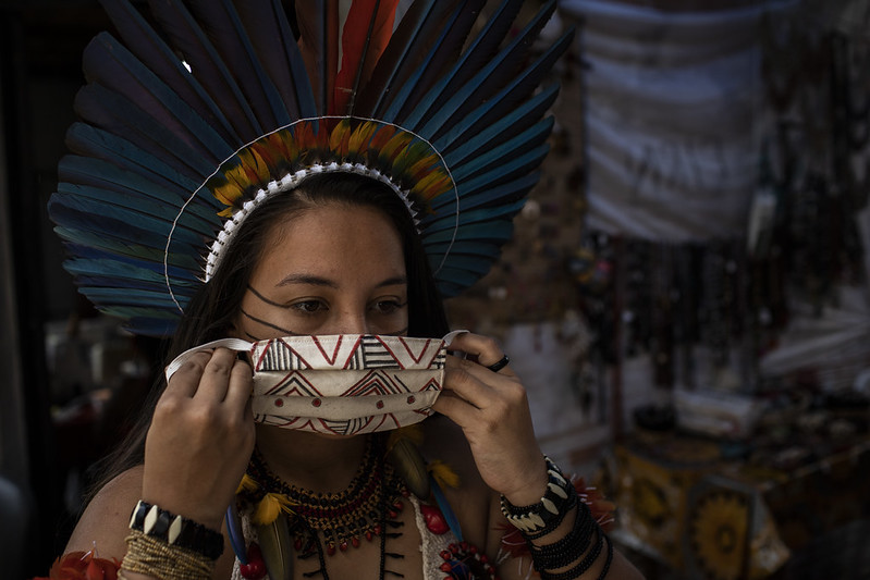 Samela Satere-Mawe, 23, gets ready to start working on making face protection masks at the Association of the Satere-Mawe Indigenous Women (AMISM) - located in the West Zone of Manaus, Amazonas, Brazil