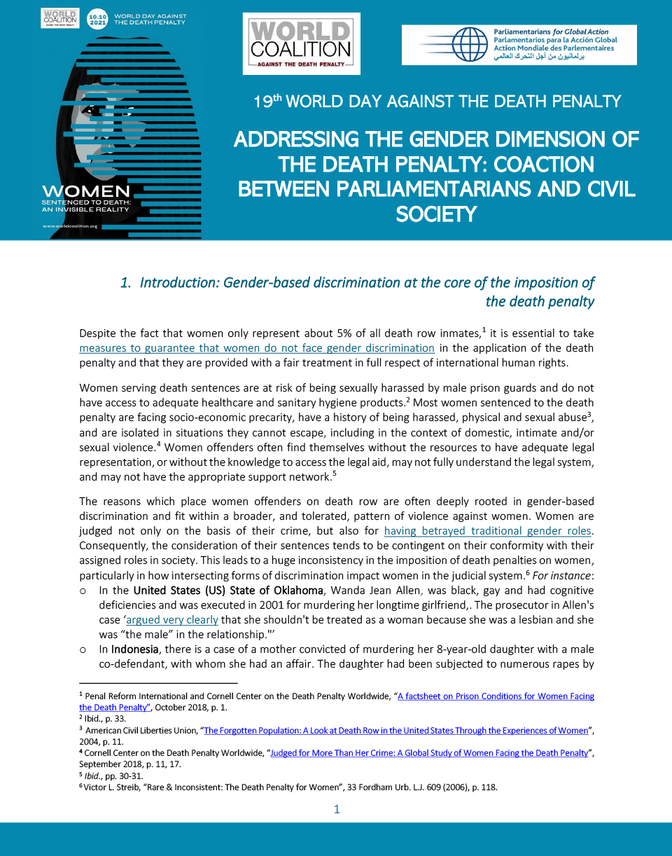 Addressing the gender dimension of the death penalty: Coaction between Parliamentarians and Civil Society