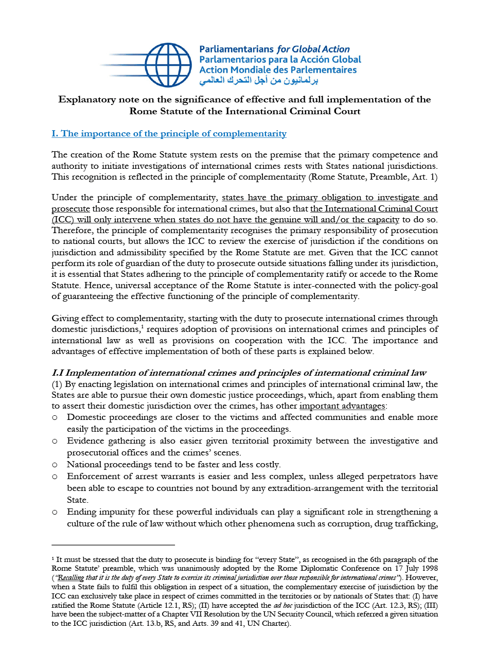 Nota explicativa sobre la importancia de la aplicación efectiva y plena del Estatuto de Roma de la Corte Penal Internacional