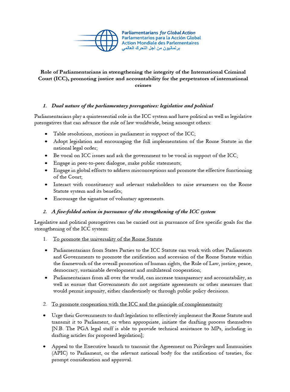 Rôle des parlementaires dans le renforcement de l’intégrité du Statut de Rome, la promotion de la justice et la lutte contre l’impunité des auteurs de crimes internationaux