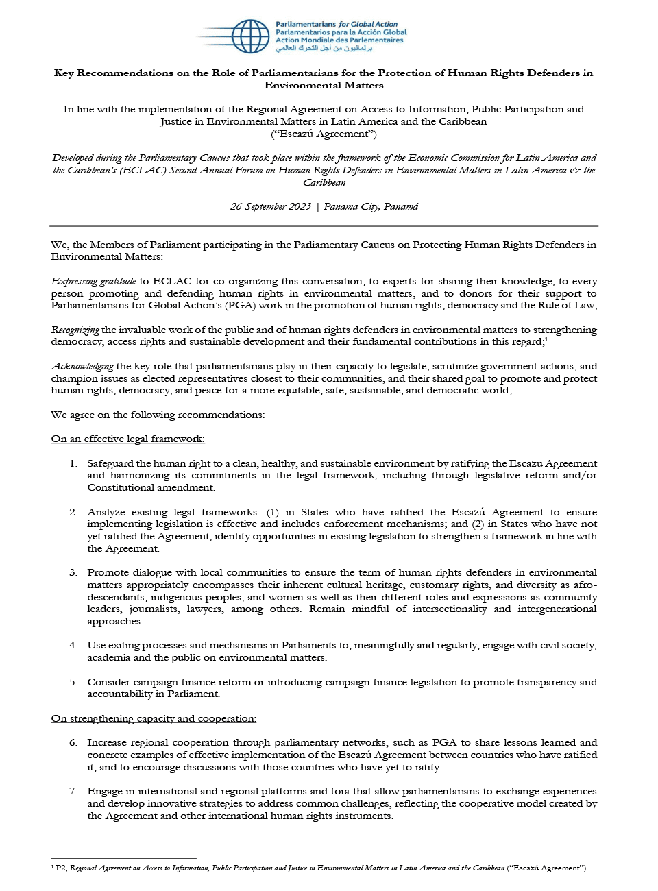 Recomendaciones Clave sobre el Papel de los Parlamentarios en la Protección de los Defensores de los Derechos Humanos en Asuntos Medioambientales.