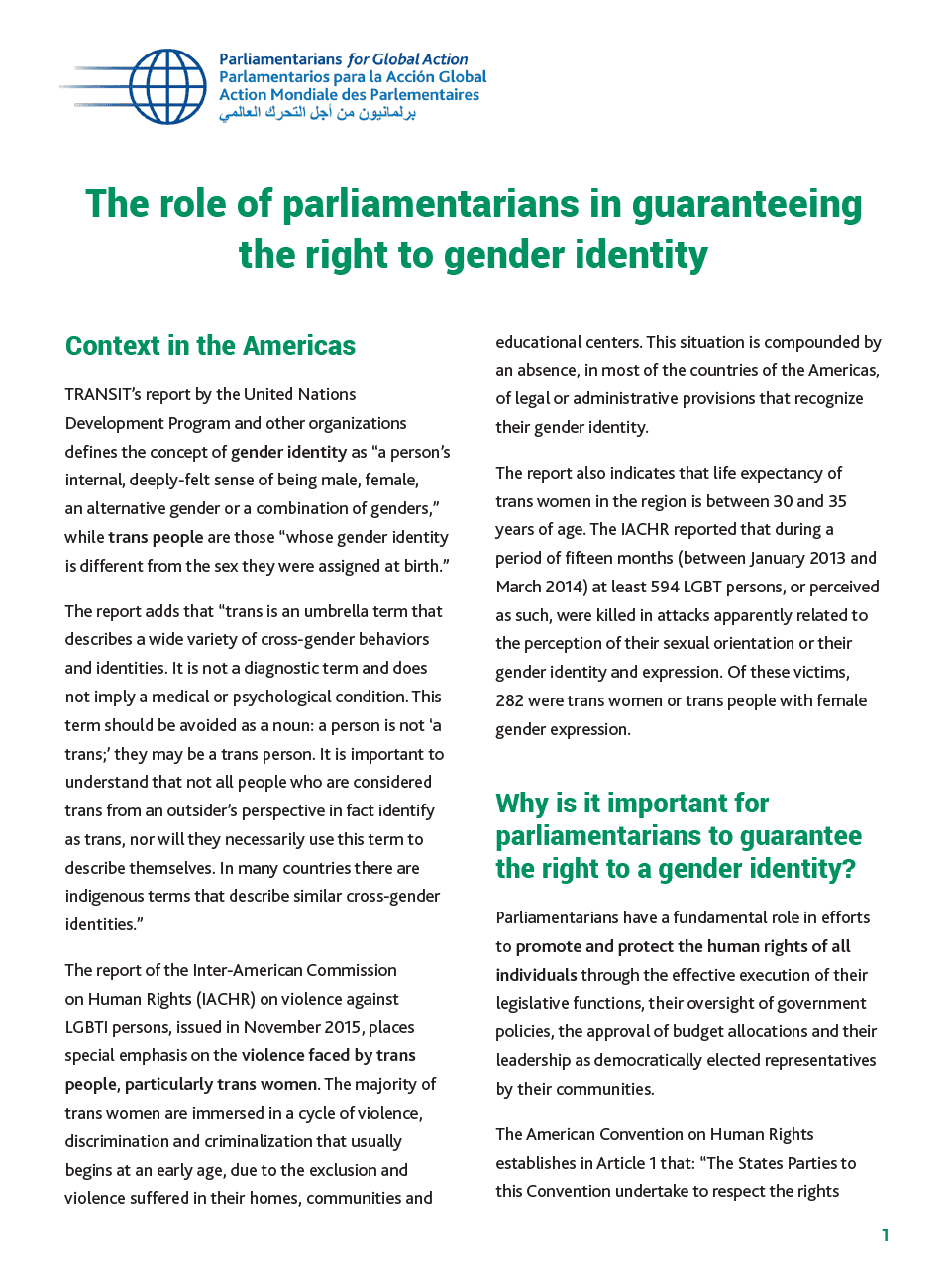 Note pour le plaidoyer : le rôle des parlementaires pour défendre le droit à l’identité de genre